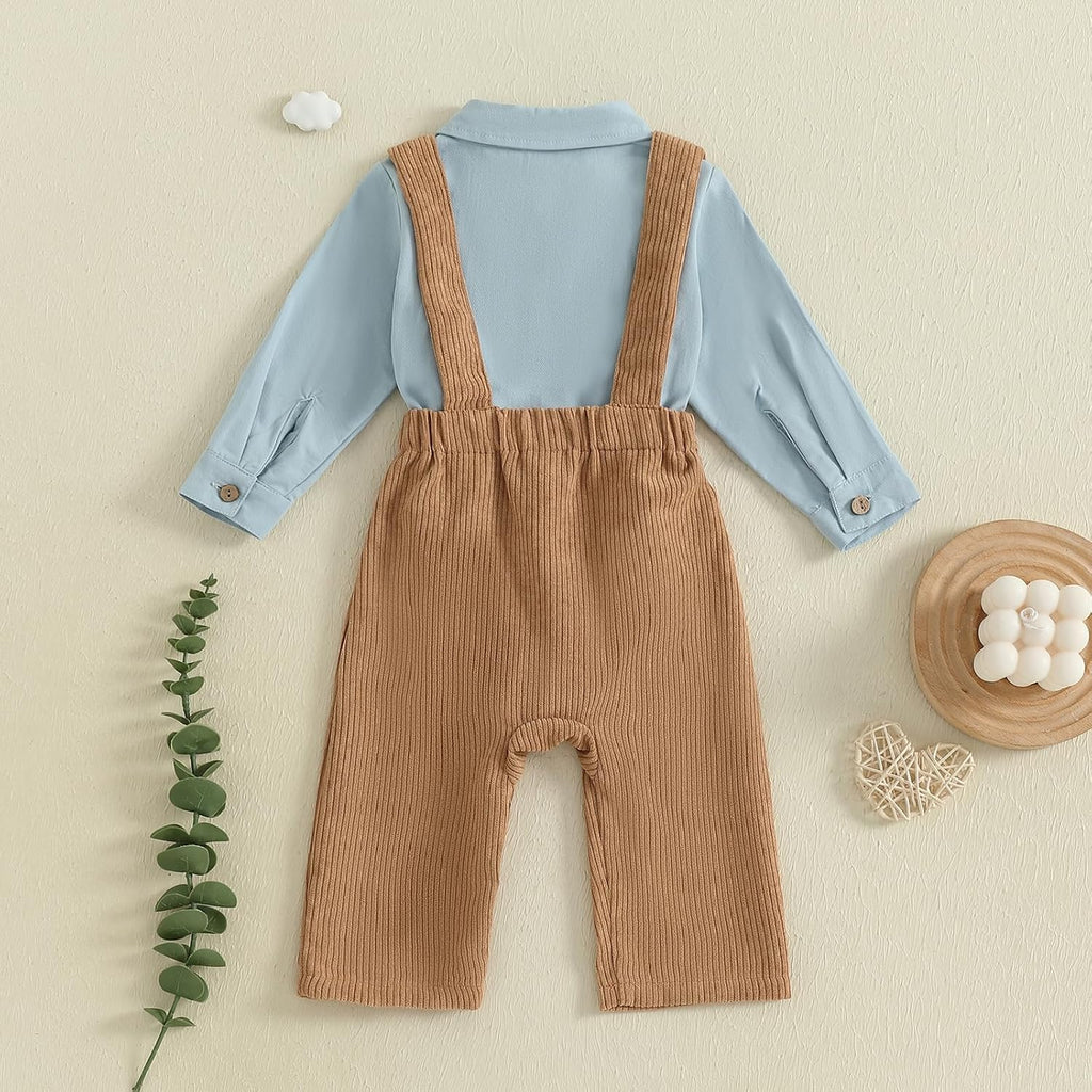 Newborn Baby Boy Fall Outfit Formal Long Sleeve Romper Bow Tie Corduroy Overalls Suspender Pants Set Suit Clothes