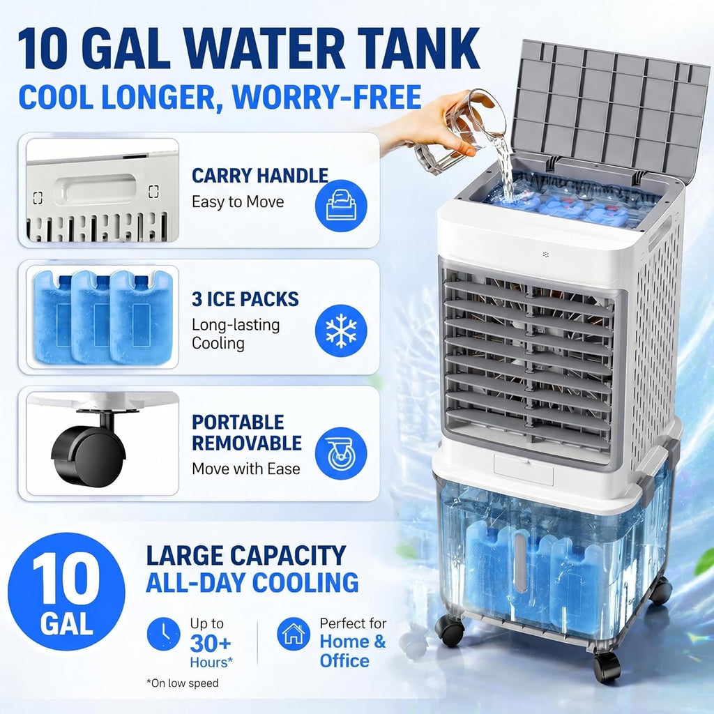 Upgraded Cooling 10 Gallon Evaporative Air Cooler, Swamp Cooler with 120° Oscillation, 7-Hour Timer, Remote Control