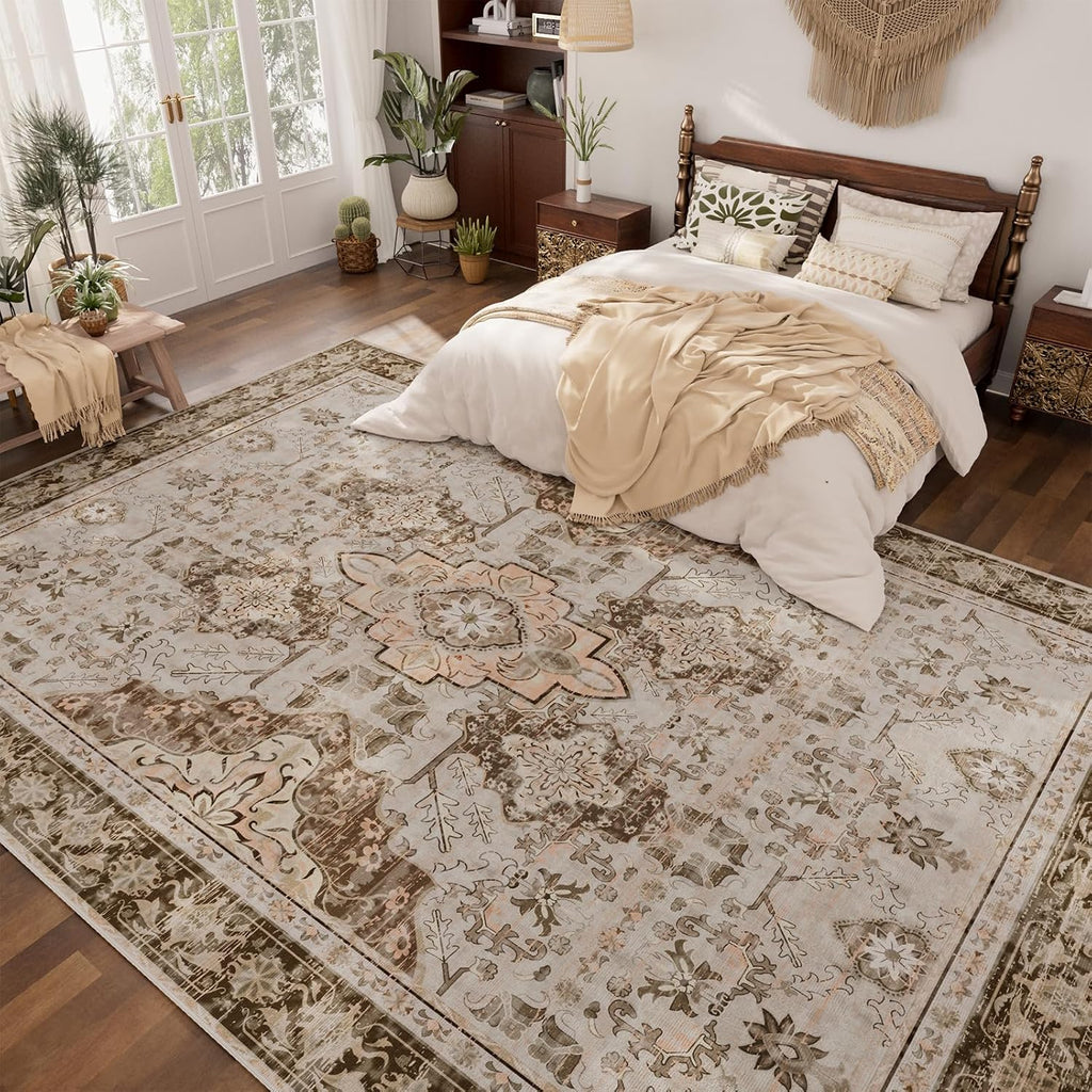 8x10 Area Rugs, Large Non-Slip Washable Rug, Boho Vintage Retro Medallion Print Pattern Carpet Dining Room Home