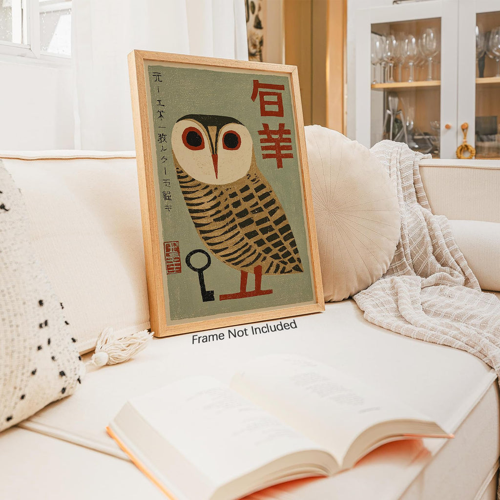 Japanese Animal Poster Prints Vintage Owl Canvas Wall Art Minimalist Bird Painting Nature Rustic Artwork 24x36in