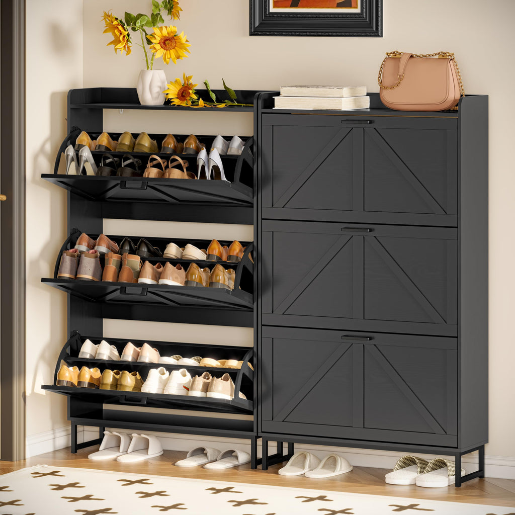 Shoe Cabinet Storage, Shoe Storage Cabinet with 4 Flip Drawers, Freestanding Narrow Shoe Rack Organizer with Metal