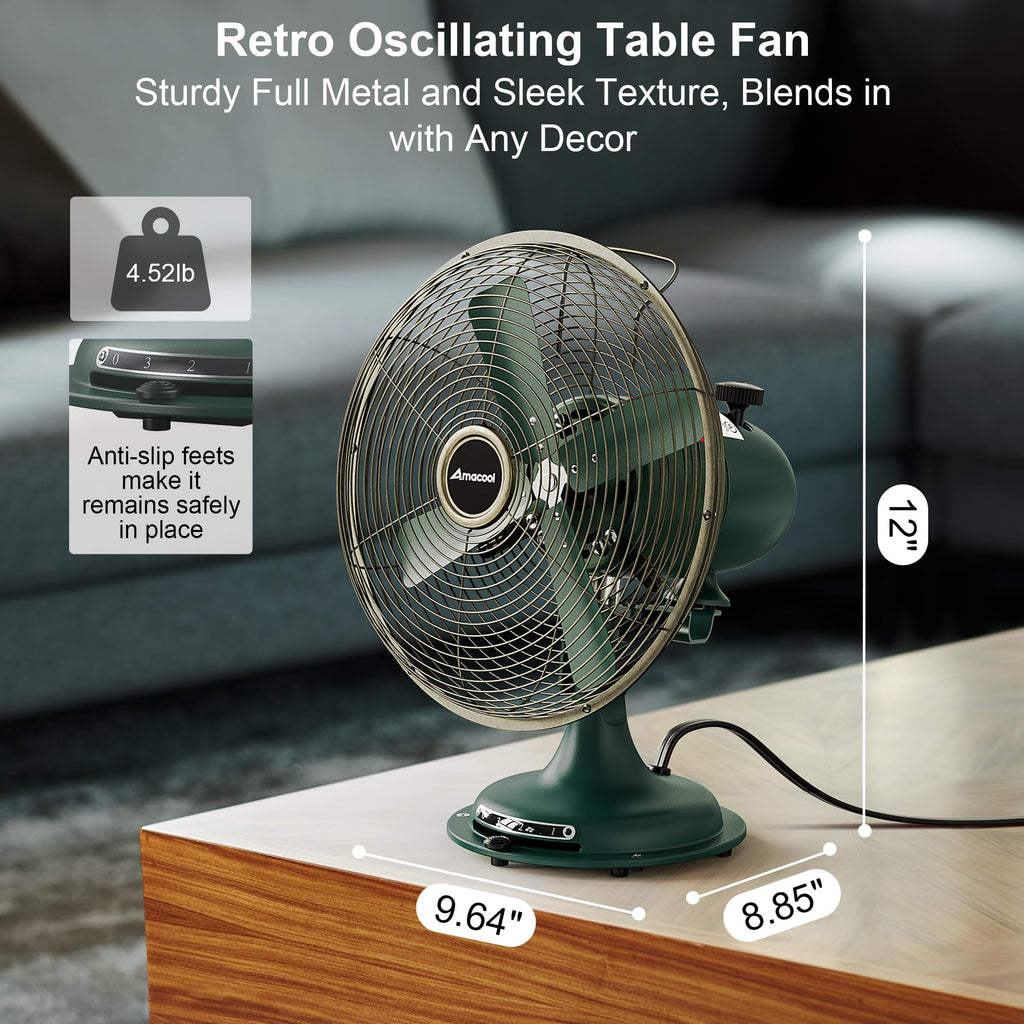 Oscillating Vintage Fan, All Metal Retro Table Top Fan