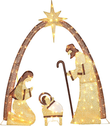 5FT Lighted Nativity Scene Set with 170 LED Lights for Christmas Decoration, Pre-Lit Iridescent Nativity Scene Xmas