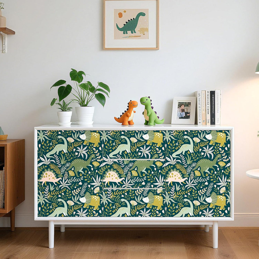 17.5"x275" Floral Dinosaur Peel and Stick Wallpaper Kids Boy Nursery Wallpaper Green Woodland Animal Wall Paper Peel