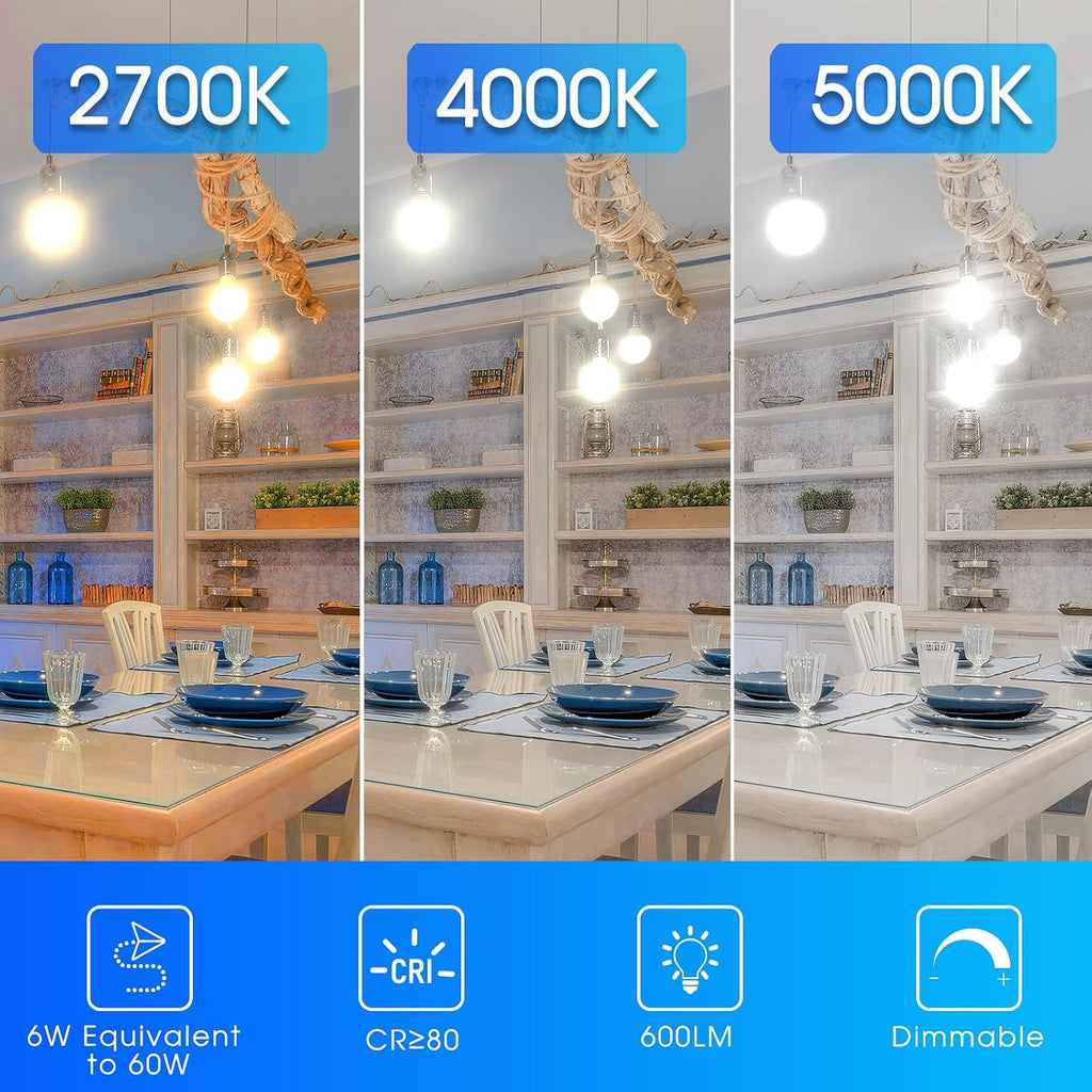 Vanity Globe Light Bulbs G25 LED for Indoor Bathroom Mirror Living Area, 2700K Soft White, Dimmable 600 Lumens, 6W