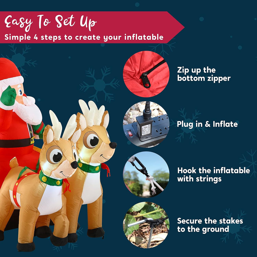 6 FT Long Christmas Inflatable Santa on Sleigh with 2 Reindeer, Inflatable Christmas Yard Decorations with Build-in