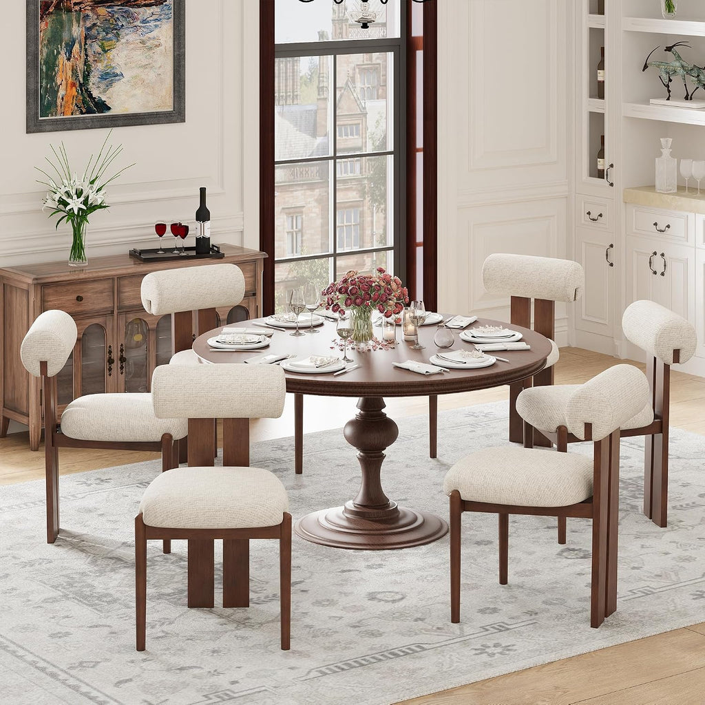 Modern Wooden Dining Chairs Set of 2, Upholstered Fabric Kitchen Chairs with Sculptural Backrest, Mid-Century