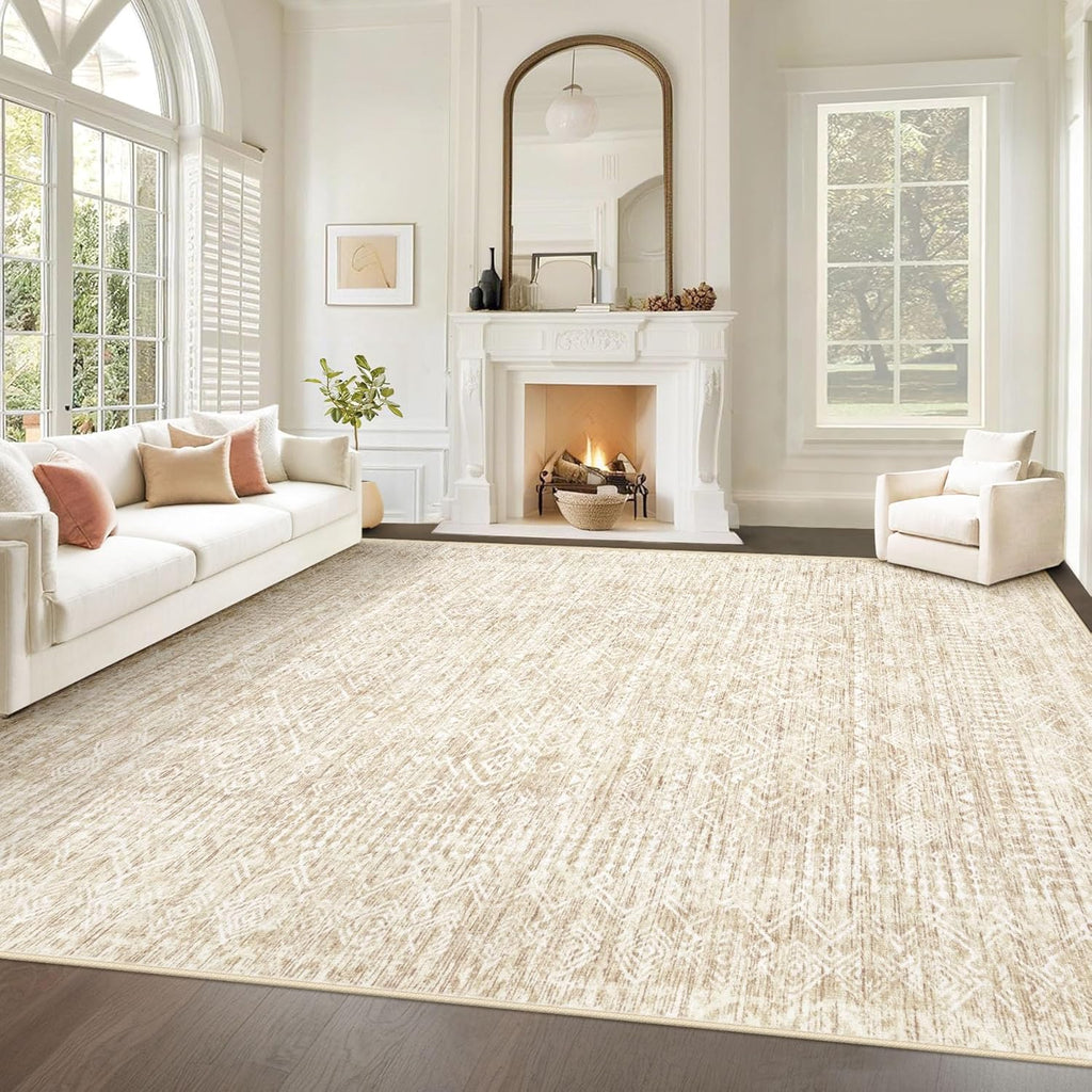 Living Room Rugs 8x10: Washable Moroccan Geometric Boho Rug Farmhouse Non Slip Stain Resistant Large Rug Low Pile Soft