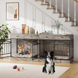 Dog Crate Furniture for 2 Dogs, Dog Kennel Indoor with 4 Storage Drawers and Feeding Bowls
