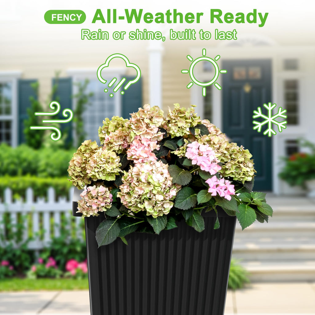 Set of 2 Tall Planters for Outdoor Plants, Black Ribbed