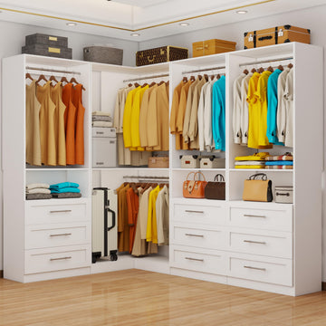 Closet System with 9 Drawers, Corner Closet Organizer System with 9 Hanging Rods Walk in Wooden Modular Closet