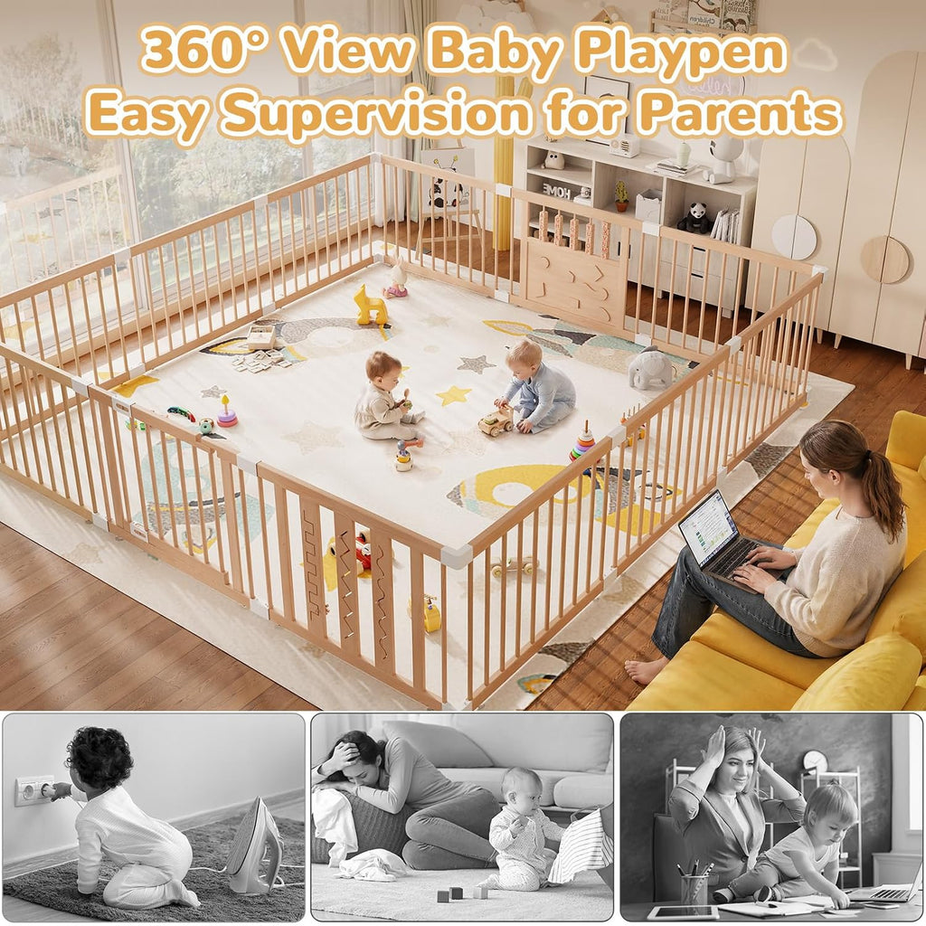 Wooden Baby Playpen, 64"x64" Extra Large Play Yard for Toddlers