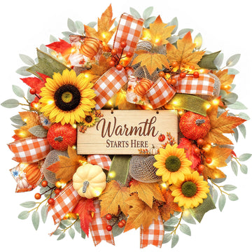22 Inch Fall Wreaths for Front Door, Harvest Sunflower Wreath