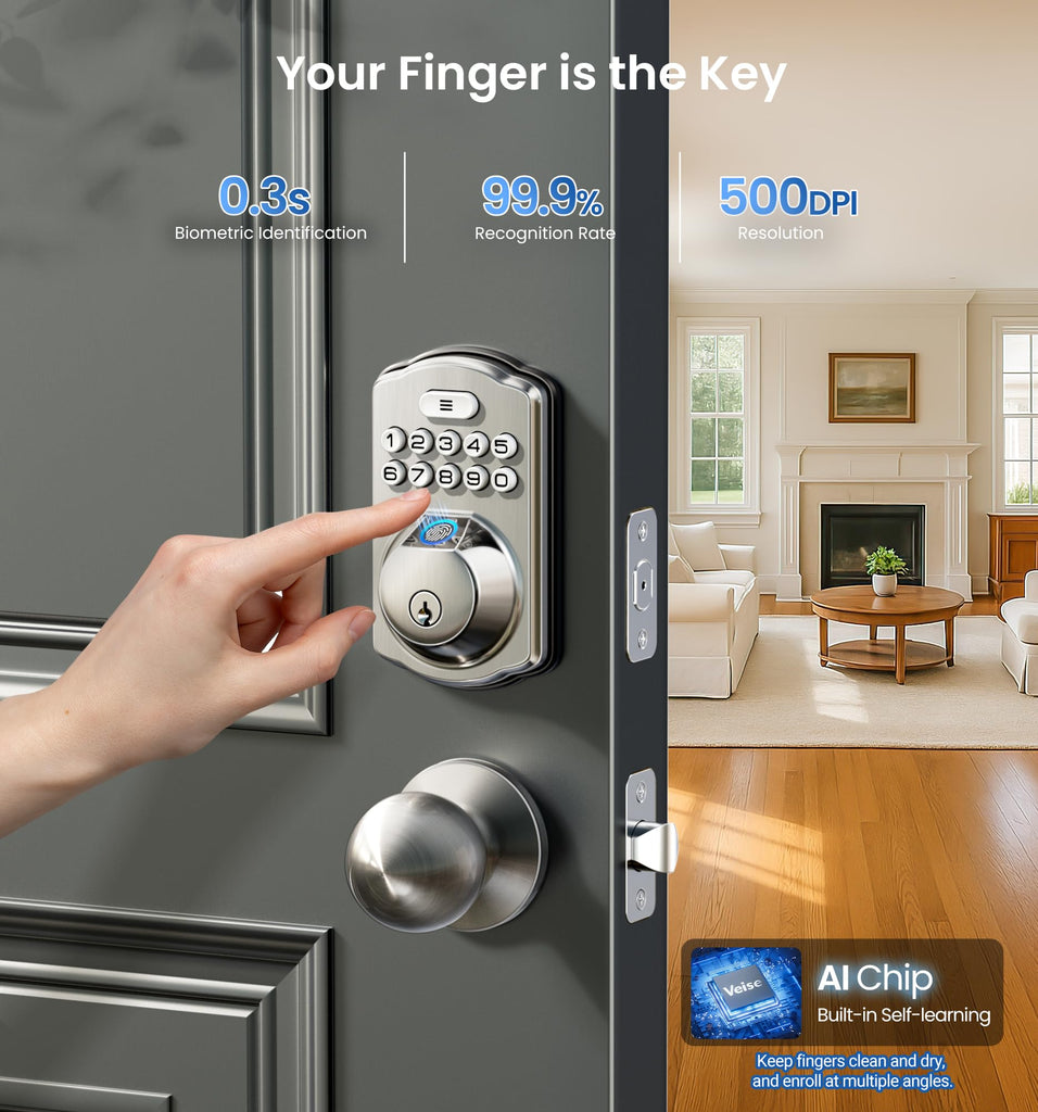 KS02C Fingerprint Deadbolt Door Lock with Knob Set, Satin Nickel