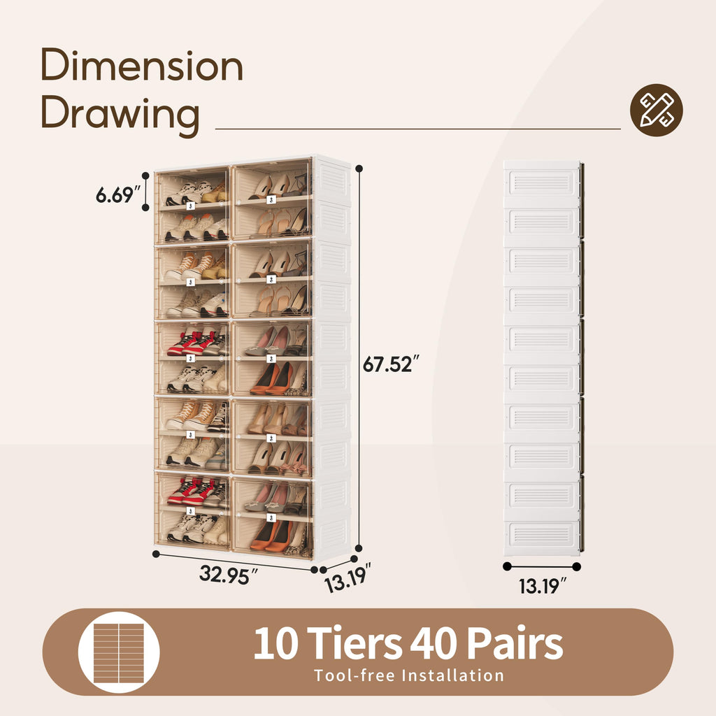 Shoe Rack, 40-Pair Foldable Shoe Storage Cabinet, Magnetic Doors