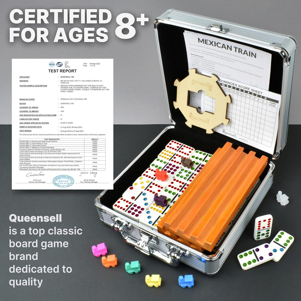 Mexican Train Dominoes Set with 4 Holders - Dominoes Double 12 with Wooden Hub and Tiles Holders - Double 12 Dominos