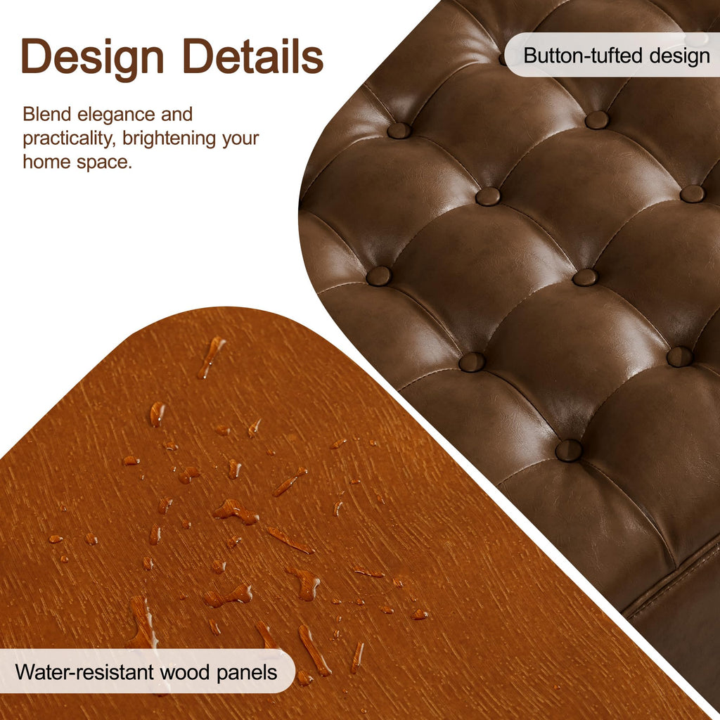 30" Faux Leather Square Storage Ottoman with Wooden Tray, Modern Tufted Button Footstool Coffee Table, Upholstered