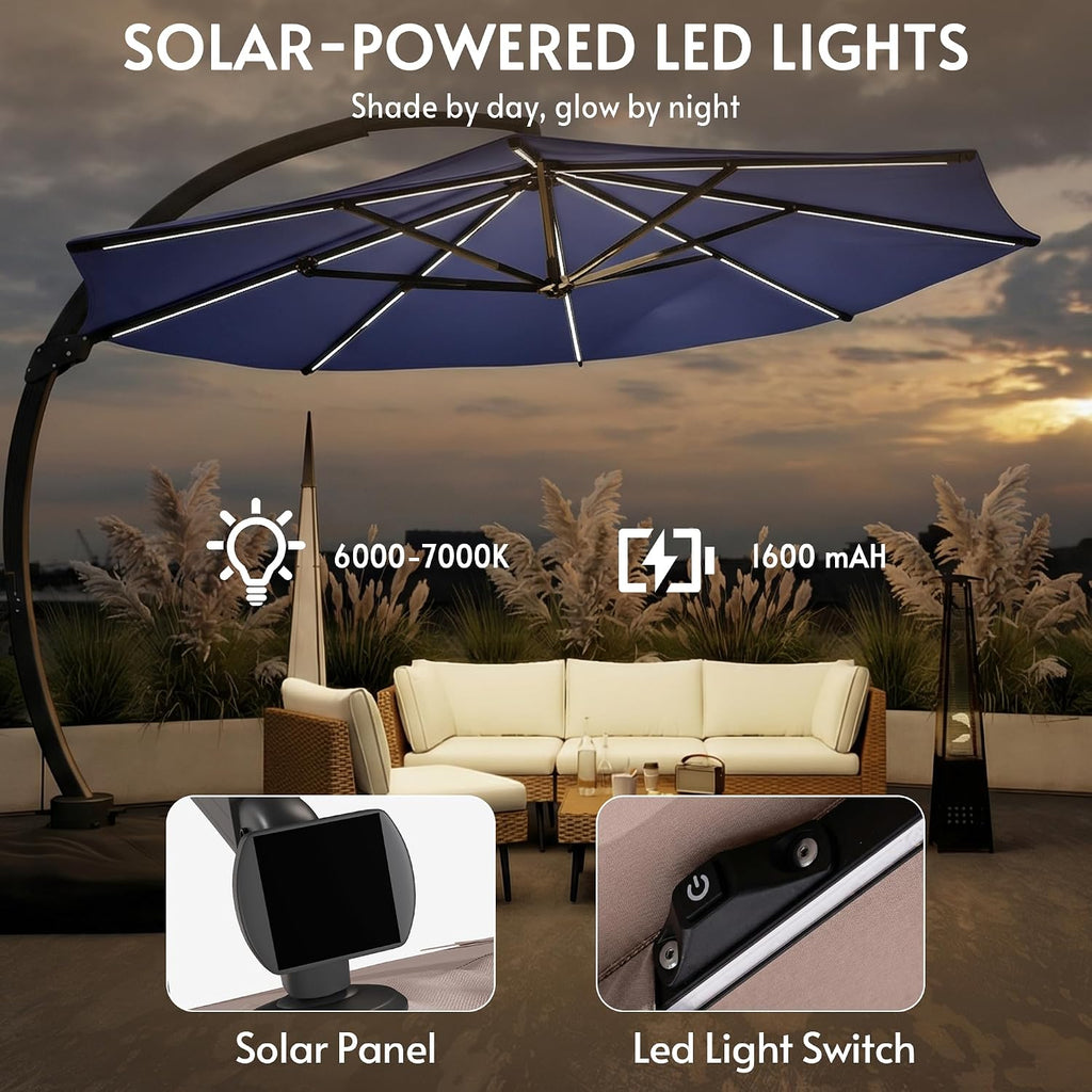 11FT Solar Powered LED Light Cantilever Patio Umbrella with Base Included, Large Cantilever Umbrella with 360°Rotation