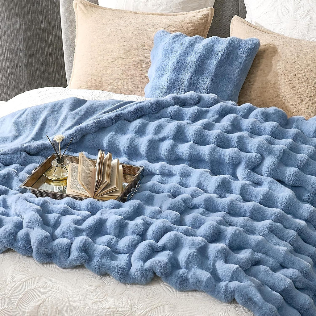 Faux Fur Bubble Throw for Couch, Fuzzy Soft Plush Thick Blanket for Sofa Bedroom Living Room, 60x80 Inches Misty Blue