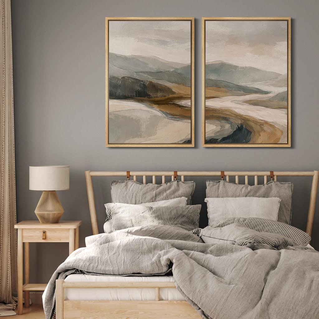 Framed Canvas Print Wall Art Abstract Mountain River Landscape Earth Tone Hills Illustrations Modern Art Decorative