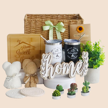 Warming Gifts New Home, 18 Pcs Housewarming Gifts Basket New Home Gift Ideas, Faux Plants Scented Candles Bamboo