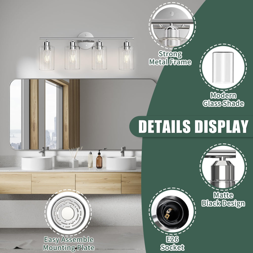 Bathroom Vanity Light Fixtures Polished Chrome, 4 Lights Rustic Farmhouse Vanity Bar Lighting Over Mirror Modern