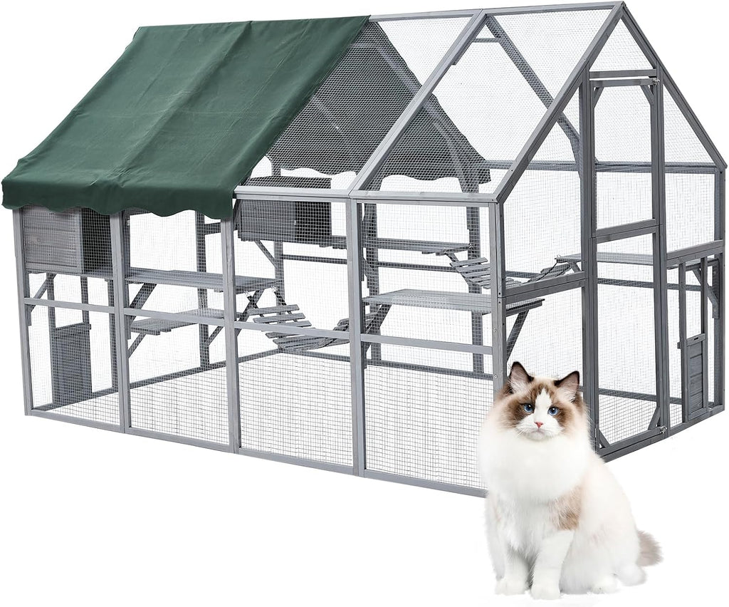 Large Outdoor Catio Cat Enclosure, 57 Sq Ft Walk‐in Wooden Cat House