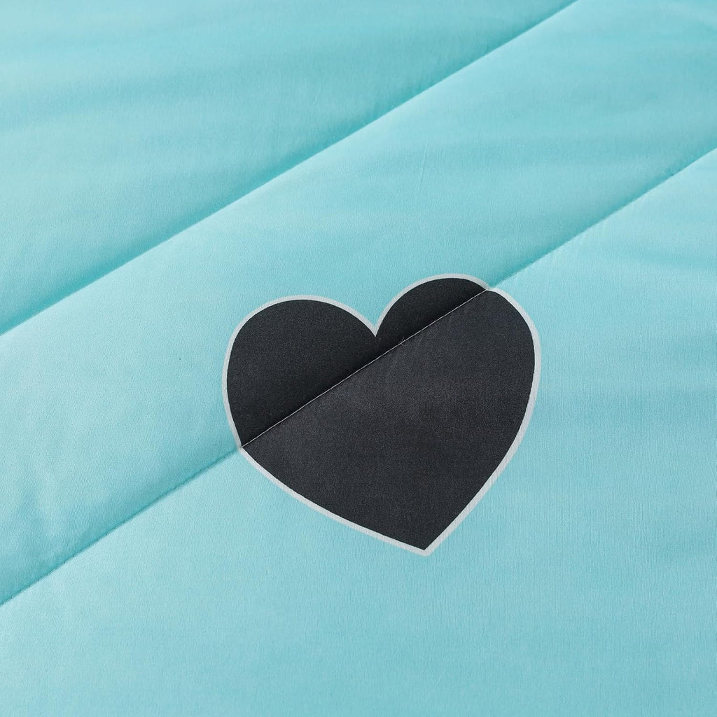 Love Pattern Girls Comforter Set Full, Sky Blue Cute Love Heart Print Comforter Bedding Set for All Seasons