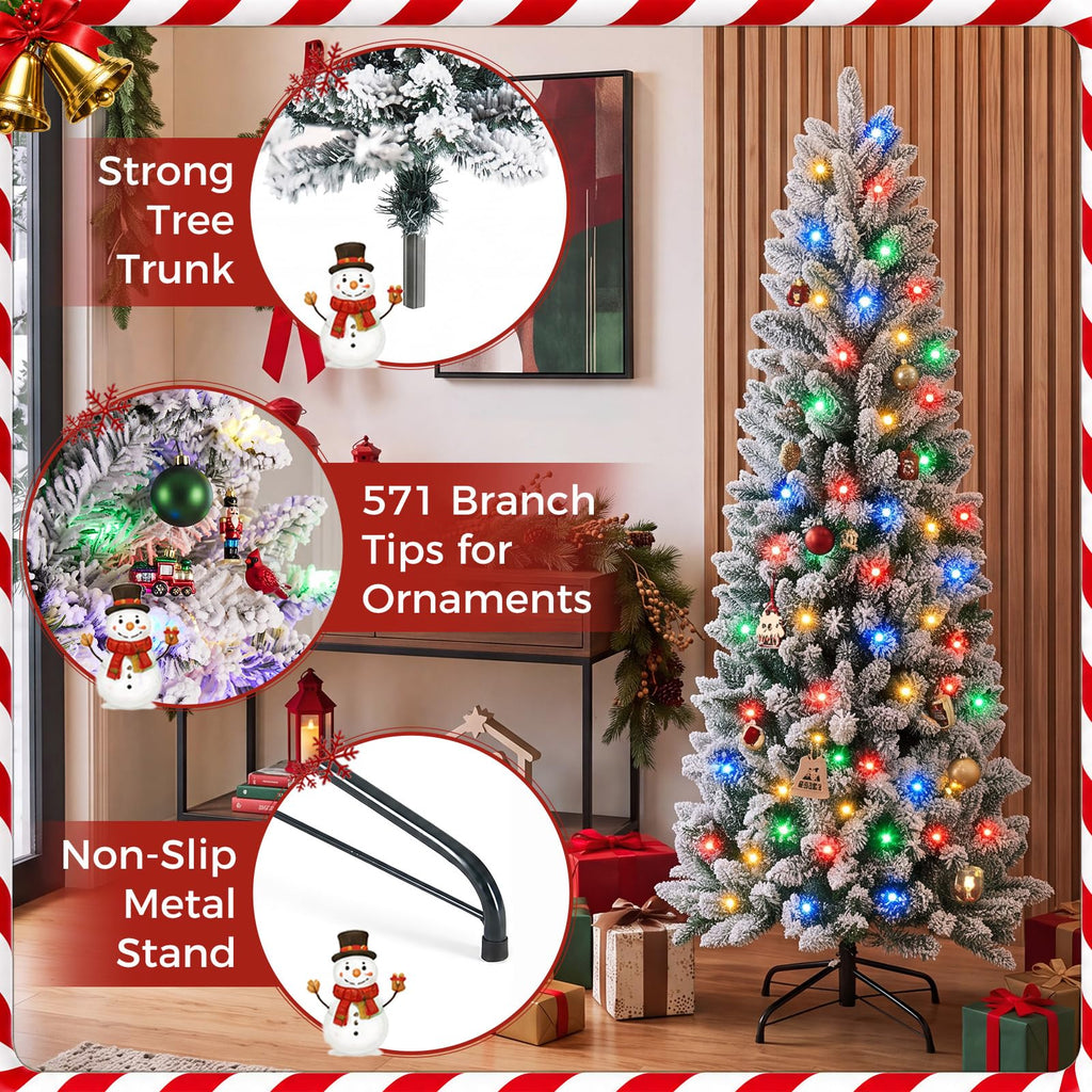 6 Ft Snow-Flocked Pre-Lit Christmas Tree, Multicolor Lights