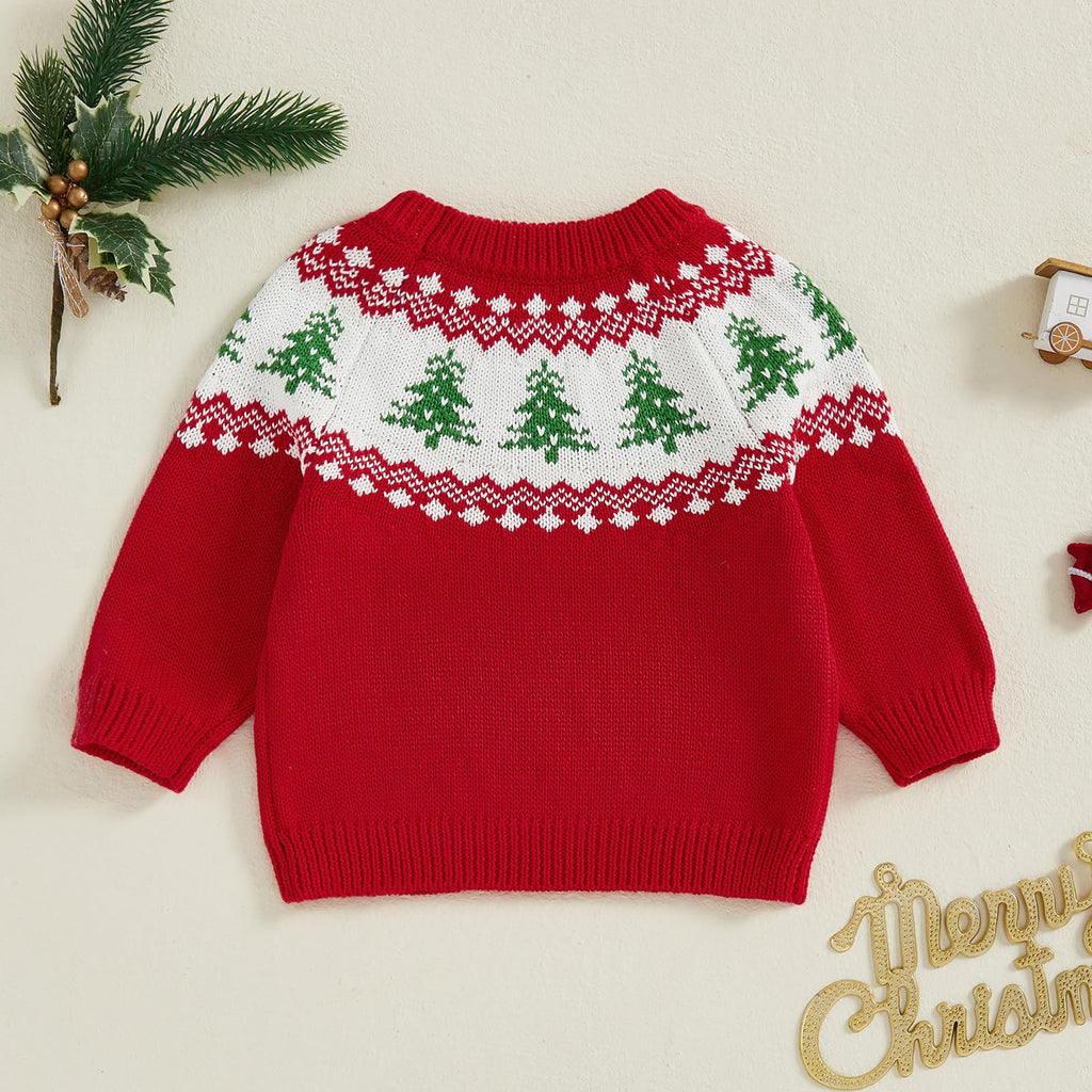 Toddler Baby Boy Girl Christmas Outfit Tree Print Oversized Long Sleeve Crewneck Knit Sweater Winter Holiday Clothes