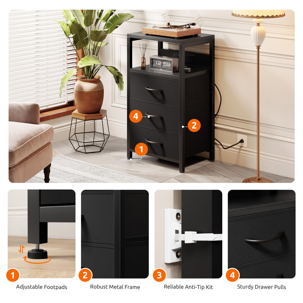 Night stand with Charger Station, 3 Fabric Drawers, Black