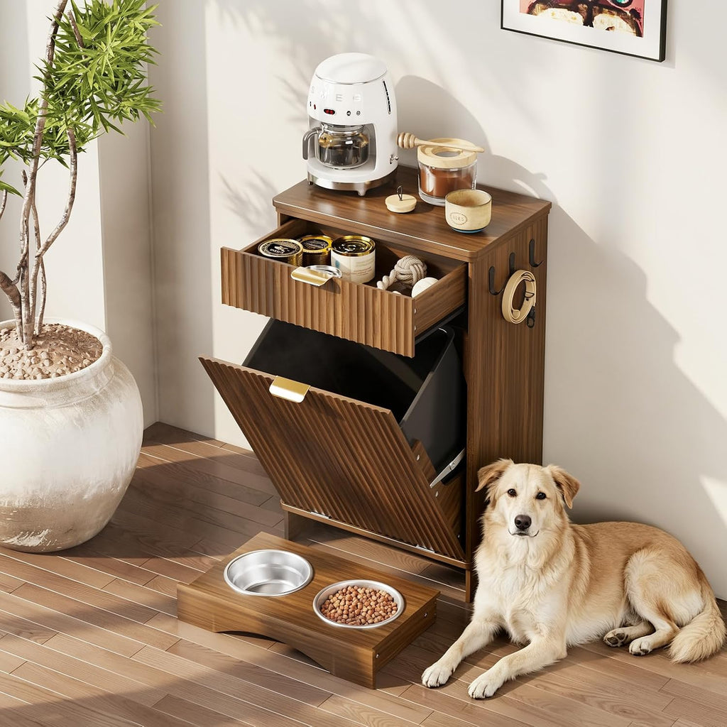 Dog Feeding Station with Storage Cabinet & 2 Elevated Bowls, Hooks, Walnut