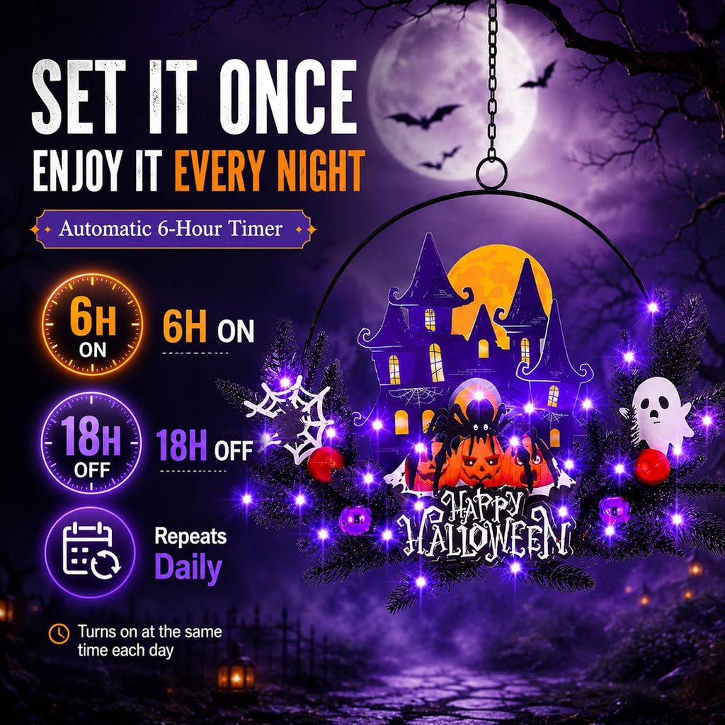 Halloween Decorations Fall Lit Ghost Wreath Twinkling Pumpkins for Front Door Light Up Haunted House Wreath with Bats - Set of 30