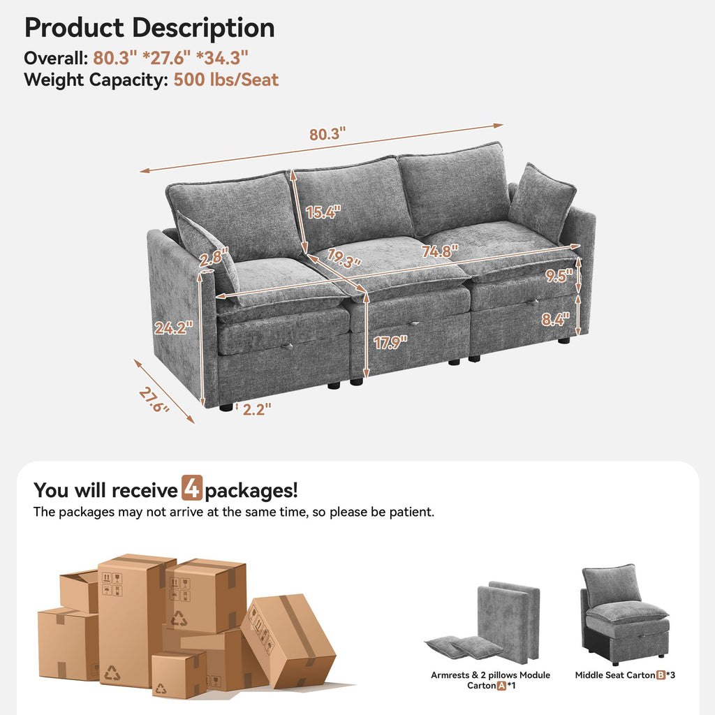 80" Cloud Modular 3 Seater Sofa with Storage, Modern Upholstered Storage Sofa Couch Deep Seat, Sectional Sofa