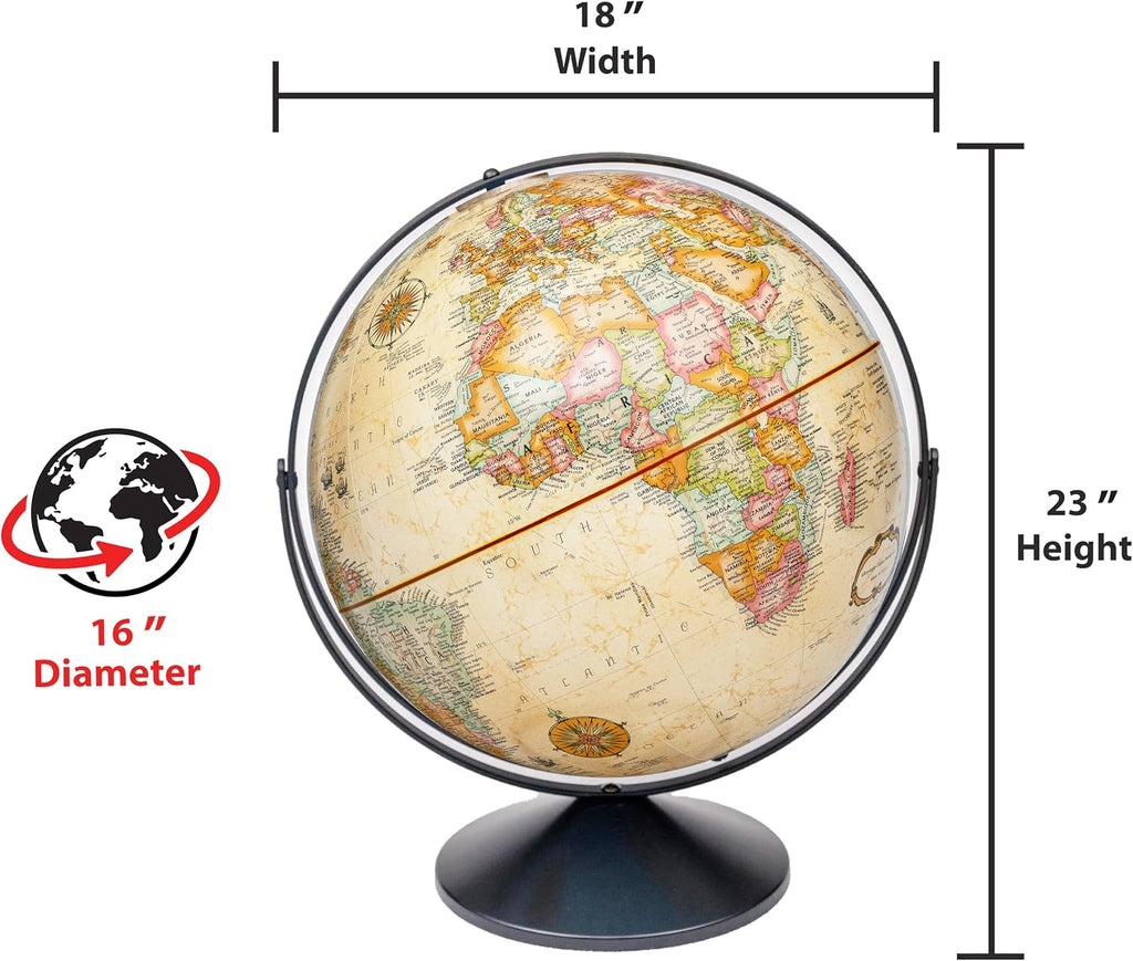 Eureka 16 inch desktop globe with up to date antique raised relief map and full swing gyromatic assembly.