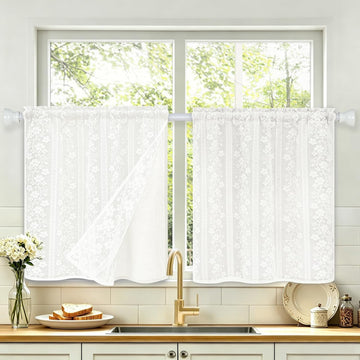 Linen Valances for Windows Farmhouse, Double Layers Kitchen Curtains with Linen and Lace, Rustic Valance Curtains for