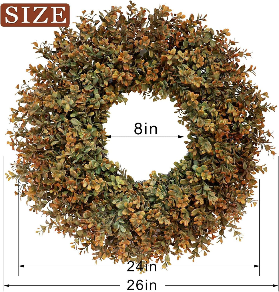 26''Large Artificial Fall Boxwood Wreath for Front Door Decor(Orange-Green)