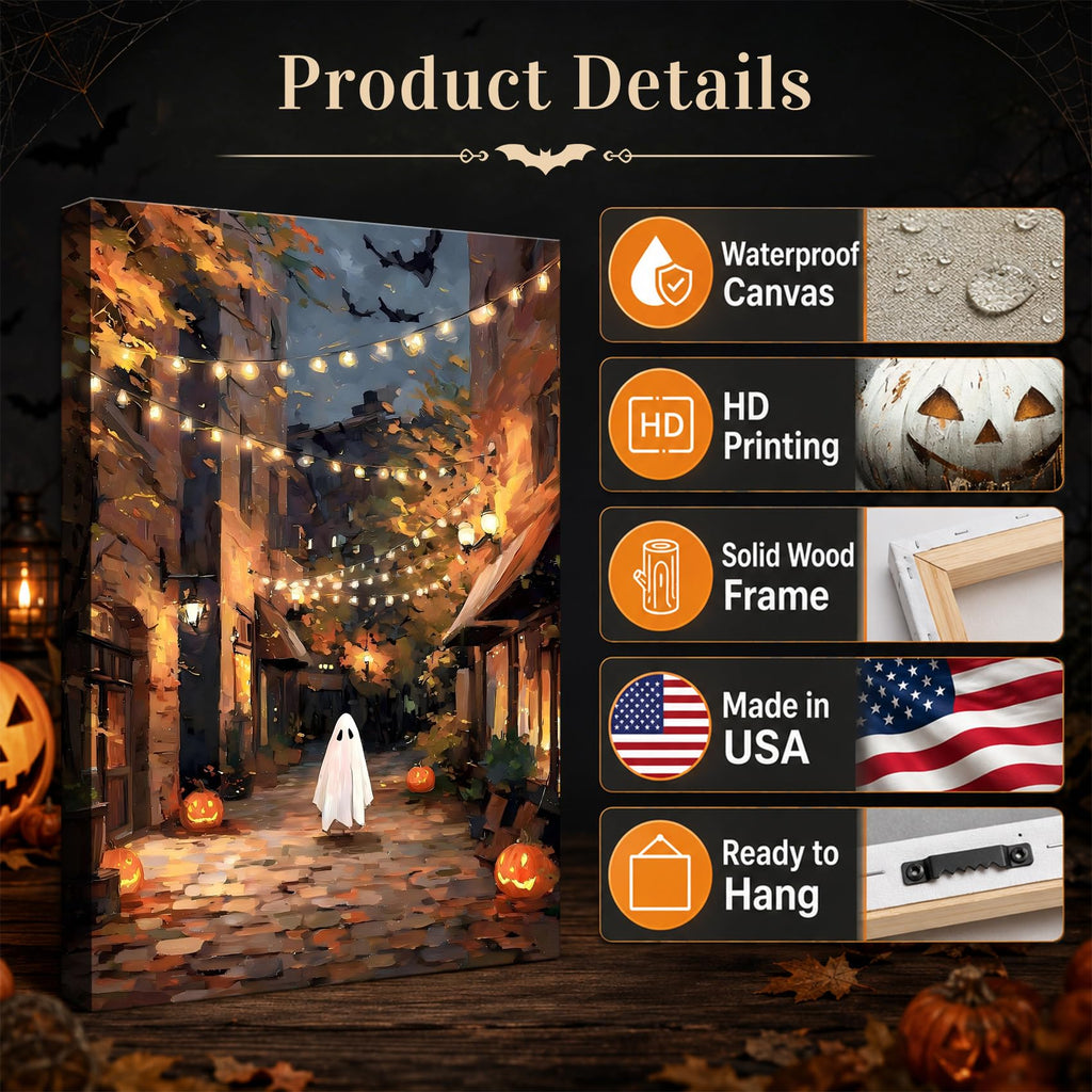 Framed Halloween Ghost Street Wall, Pumpkin Lantern Night Town Canvas Prints, Cozy Spooky Wall Decor Pictures Canvas