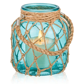 1 Set Nautical Lanterns Rope Handle, Coastal Glass Jar, Blue