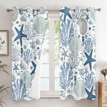 Coastal Curtains, Summer Beach Curtains for Windows, Blue Starfish Window Curtain Ocean Shell Nautical Curtain 42 x