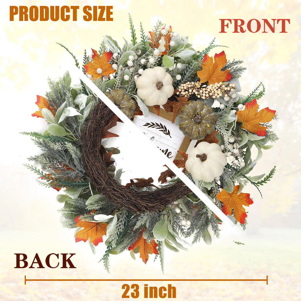 Fall Wreath 23'' for Front Door with Sign for Thanksgiving Autumn