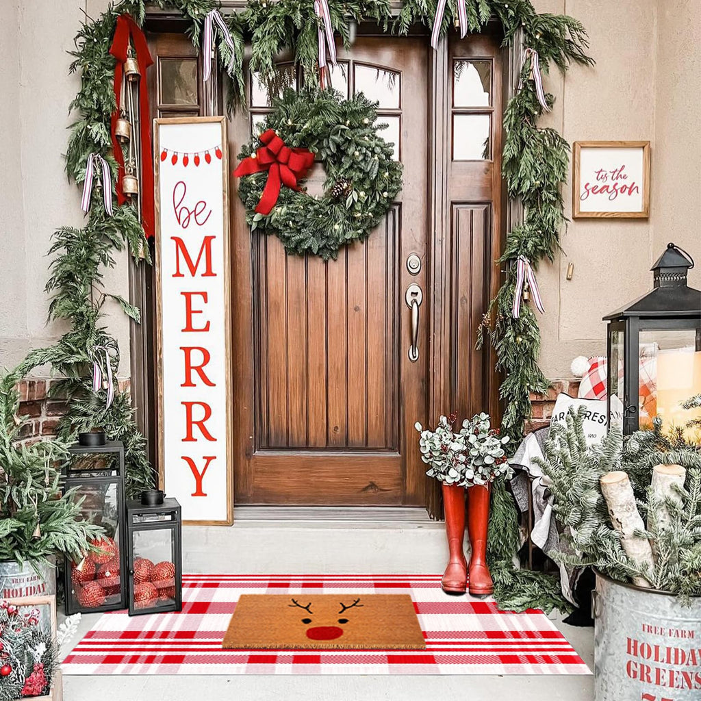 Christmas Door Mat Red and White Plaid Rug 28 x 43 Inch, Cotton Woven Christmas Checkered Front Door Mat and Covered