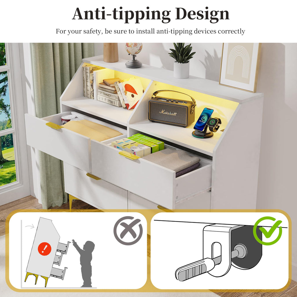 6 Drawer Dresser with LED Light, Chest of Drawers with Charging Station, Large Double Dressers, Wooden Dressers