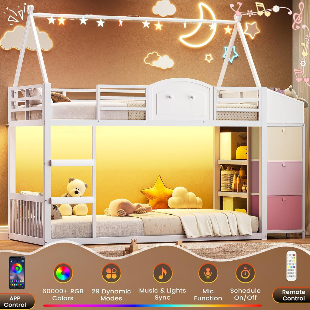 Bunk Bed Twin Over Twin with 3 Storage Drawers and Shelves, House Shaped Bunk Bed with Stairs and Guardrail