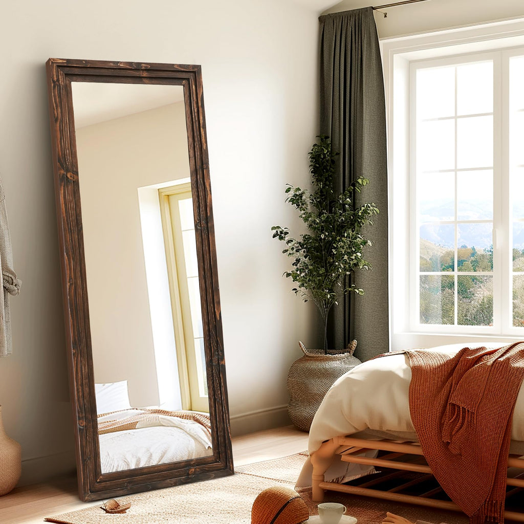58x22in Full Length Mirror, 3-Tier Stepped Solid Wood Frame, Brown