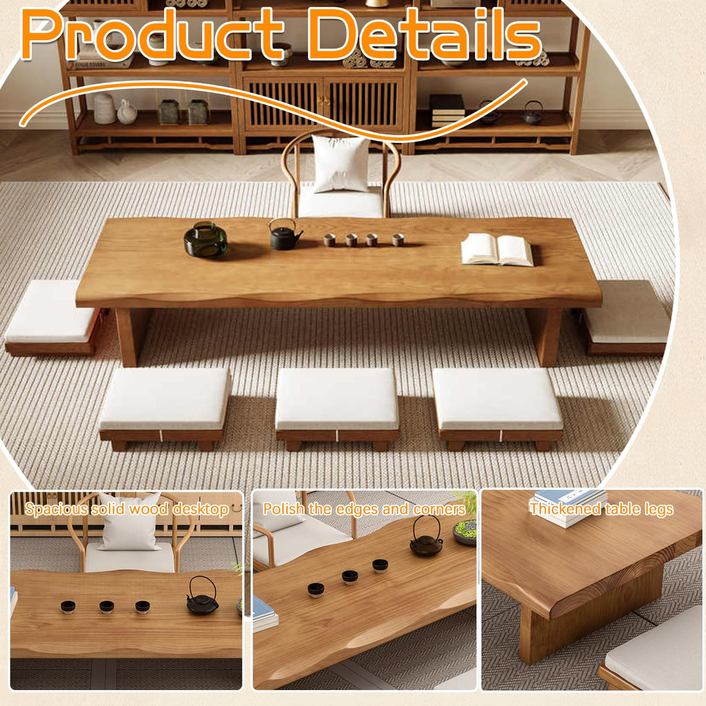 55" Solid Wood Japanese Floor Table, Low Dining Table for Floor Seating, Tatami Tea Table, Modern Chabudai Coffee
