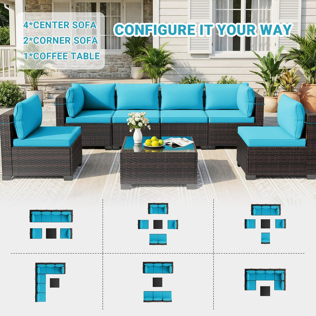 7-Piece Outdoor Patio Furniture Sets, Manual Weaving Rattan Conversation Sectional Sofa with Tempered Glass Coffee