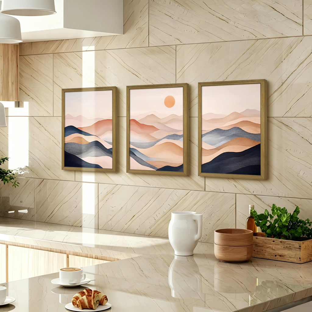 Vintage Abstract Mountain Wall Art Set of 3 Canvas, Neutral Desert Landscape Framed Poster, Retro Boho Painting for