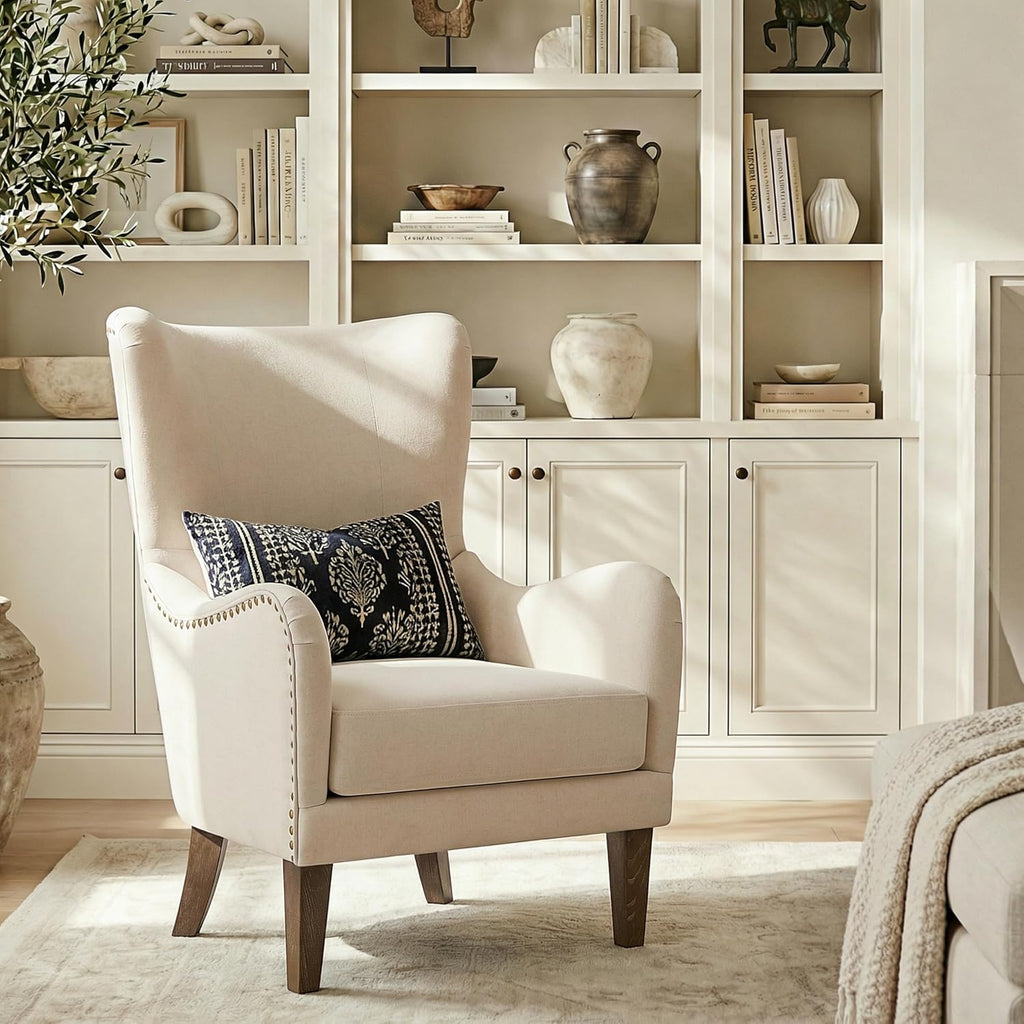 High Wingback Accent Chair and Ottoman Set, Mid-Century Modern Club Comfy Reading Armchair, Lazy Side Sofa Chair