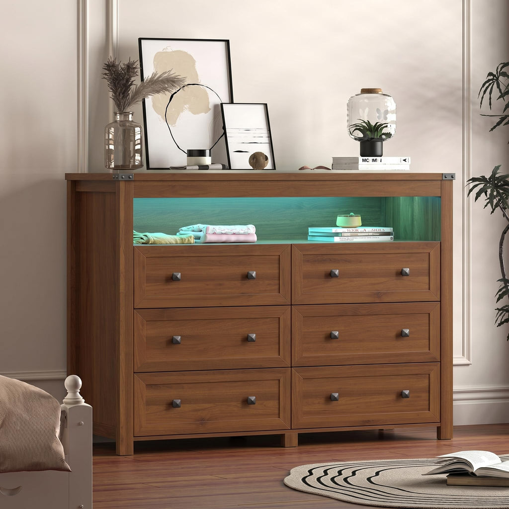 Dresser with 6 Drawers, LED Lights, Power Outlet, Walnut
